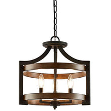 Load image into Gallery viewer, Kira Home Woodrow 15" 3-Light Industrial Farmhouse Semi Flush Convertible Pendant Light + Wood Style Metal Drum Shade, Textured Black + Walnut Style Finish
