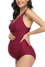 Load image into Gallery viewer, EastElegant Maternity One Piece Swimwear Pregnancy Front Cross Bathing Suits with Adjustable Shoulder Straps Wine Red S
