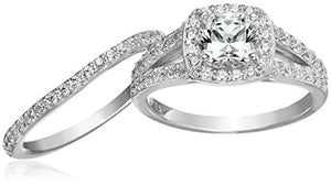 Amazon Collection Sterling Silver Platinum Plated Infinite Elements Cubic Zirconia Cushion Halo Ring, Size 8