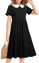 Load image into Gallery viewer, Kilottor Girls' Peter Pan Collar Casual Flounce Sleeve Fit and Flare Party Dress 9 Years 10Years KC109 (Black, 9-10Y)

