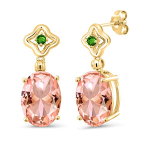 Gem Stone King 18.54 Ct Peach Nano Morganite Green Simulated Tsavorite 18K Yellow Gold Plated Silver Earrings