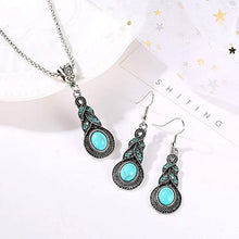 Load image into Gallery viewer, Vitaltyextracts Water Drop Shaped Bohemian National Style Turquoise Alloy Necklace and Earrings Set (Silver)

