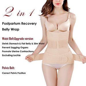 2 in 1 Postpartum Belly Wrap Waist/Pelvis Belt C-Section Natural Labour Belly Support Recovery Belt (Nude, One Size)