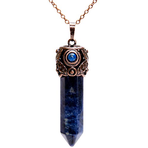 Bivei Retro Antique Brass Chakra Necklace Hexagonal Prism Gemstone Quartz Crystal Stone Healing Pendant(Sodalite)