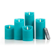 Load image into Gallery viewer, glowiu Teal Candle Pillar Realistic Wick Battery Operated Candles Set of 3 Single Slim Sphere Turquoise Candles Electric Home Decor with 10-Key Remote Multi-Function (3, H 4"6"8" x D3")
