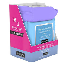 Load image into Gallery viewer, Neutrogena Day &amp; Night Wipes with Makeup Remover Face Cleansing Towelettes &amp; Night Calming Facial Cloths, Alcohol-Free Wipes to Remove Dirt, Oil &amp; Waterproof Mascara, 3 Packs of 25 ct, 75 ct
