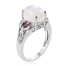 Load image into Gallery viewer, 925 Sterling Silver Platinum Plated Rainbow Moonstone Rhodolite Garnet Statement Ring Size 8
