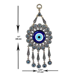 Erbulus Turkish Glass Blue Evil Eye Wall Hanging Ornament with Flower Design - Metal Home Decor - Turkish Nazar Bead Amulet - Protection and Good Luck Charm Gift in a Box