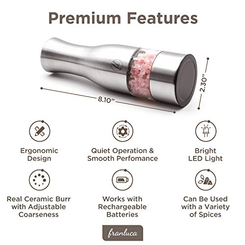 Load image into Gallery viewer, Grind'Oro Electric Salt and Pepper Grinder Set (2 Mills) Battery Operated, Stainless Steel with Light - One Touch Automatic Salt Grinder Mill Adjustable Coarseness, Franluca's Kitchen Power Shaker Set