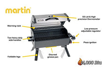 Load image into Gallery viewer, MARTIN Portable Propane Bbq Gas Grill 14,000 Btu Porcelain Grid with Support Legs and Grease Pan
