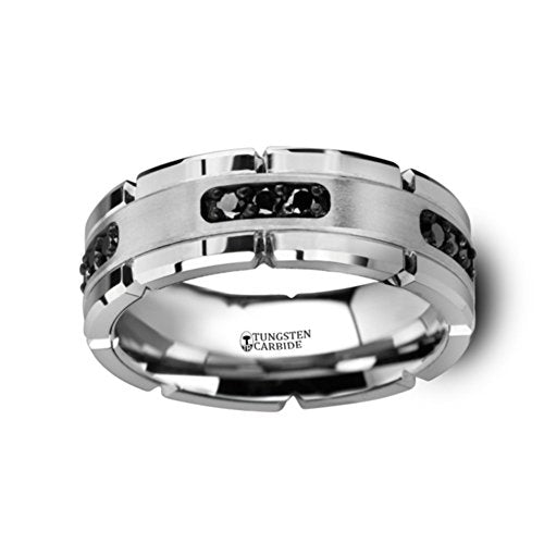 Load image into Gallery viewer, Thorsten Valor Grooved Tungsten Ring Wedding Band with Silver Inlay and 1/4-Carat tw Black Diamonds 8mm from Roy Rose Jewelry Size 12