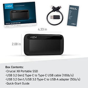 Crucial X8 1TB Portable SSD – Up to 1050MB/s – USB 3.2 – External Solid State Drive, USB-C, USB-A – CT1000X8SSD9