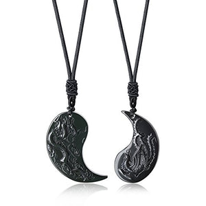 COAI Black Obsidian Dragon and Phoenix Yin Yang Pendant Necklaces for Couples