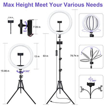 Load image into Gallery viewer, 12&quot; Selfie Ring Light with 63&quot; Tripod Stand &amp; 3 Phone Holder, LED Camera Ringlight with 48 RGB Colors Modes &amp; Musical Rhythm Mode and 12 Brightness Dimmable for Makeup/Photography/Videos/Vlog/TikTok
