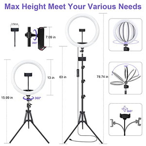 12" Selfie Ring Light with 63" Tripod Stand & 3 Phone Holder, LED Camera Ringlight with 48 RGB Colors Modes & Musical Rhythm Mode and 12 Brightness Dimmable for Makeup/Photography/Videos/Vlog/TikTok