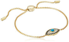 Load image into Gallery viewer, 18k Yellow Gold Plated Sterling Silver Turquoise, Created Blue Sapphire, and Diamond Accent Evil Eye Bolo Bracelet, 9&quot;
