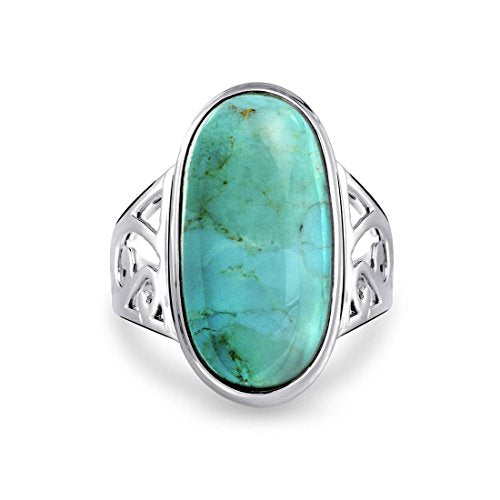 Large Bezel Oval Boho Fashion Statement Stabilized Turquoise Ring For Women For Teen Filigree Band 925 Sterling Silver