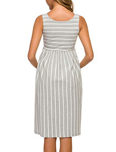 Ecavus Womens Maternity Tank Dress Stripe Color Block Sleeveless Knee Length for Baby Shower (S, Grey White Stripe)