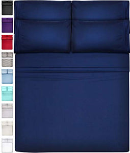 6 Piece Extra Deep Pocket Sheets Microfiber Sheets Bed Sheets Bedding Sets Queen Size, Navy Blue