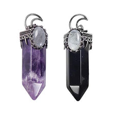 Load image into Gallery viewer, TUMBEELLUWA Pack of 2 Natural Crystal Stone Pendant Necklace with Chain for Men and Women, Energy Hexagonal Crystal Point Pendulum for Dowsing Divination, Amethyst+Black Obsidian

