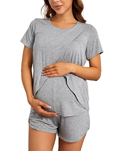 Maternity Pajama Sets Loose Labor Delivery Nursing Sleepwear Cross Double Collar Pjs Pregnancy Breastfeeding Loungewear Light Grey