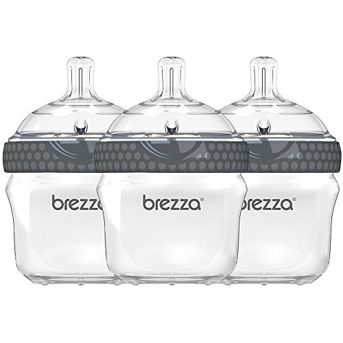 Baby Brezza Two Piece Natural Baby Bottle with Lid - Ergonomic, Wide Neck Design Makes it The Easiest to Clean - Modern Look - Anti-Colic - BPA Free Plastic - Grey – 5oz – 3 Bottles