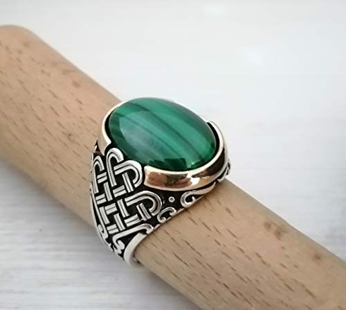 Handmade 925K Sterling Silver Mens Ring With Malachite Stone