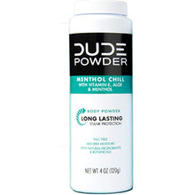 Load image into Gallery viewer, Dude Products Body Powder, Menthol Chill 4 Ounce Bottle Natural Deodorizers Cooling Menthol &amp; Aloe, Talc Free Formula, Corn-Starch Based Daily Post-Shower Deodorizing Powder for Men, Cooling Menthol
