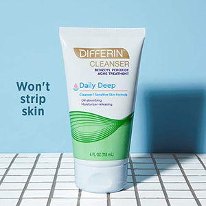 Acne Face Wash with Benzoyl Peroxide by the makers of Differin Gel, Daily Deep Cleanser, Gentle Skin Care for Acne Prone Sensitive Skin, 4 oz