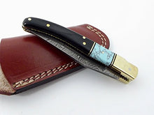Load image into Gallery viewer, Damascus Knives Laguiole Style Pocket Knife Ram Horn &amp; Turquoise Handle With Leather Sheath Made in Ancient Persian Indus Valley
