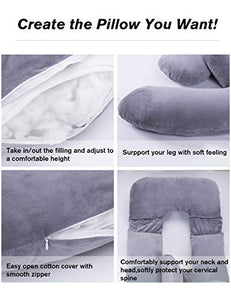 AS AWESLING 60in Full Body Pillow | Maternity Pillow and Pregnancy Pillows for Sleeping | Extra Large U Shaped Pillow with Detachable Side, Separate Support Pillow and Removable Cover (Grey)