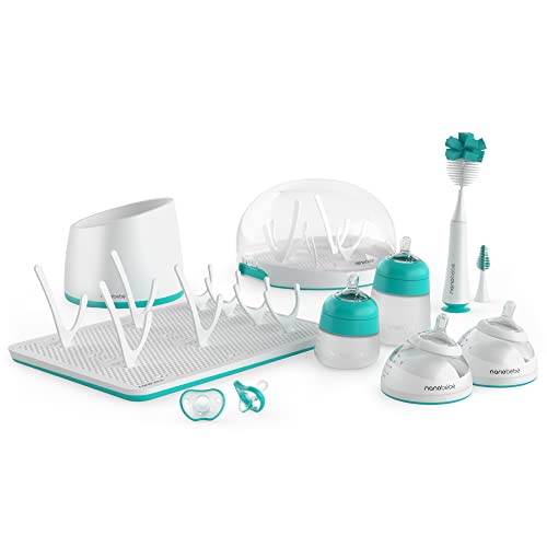 Nanobebe Baby Bottle Ultimate Feeding and Cleaning Set, for Breast Milk and Formula, Cleaning and Soothing Essentials, Baby Shower Registry Gift, for Newborn, Infant and Baby - Teal