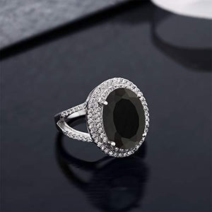 GemStoneKing 6.44 Carat 14X10MM Oval Natural Genuine Black Onyx Women's Ring Solid 925 Sterling Silver Cocktail Ring , Black and White , (SIZE 7)
