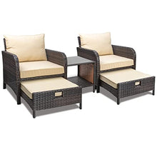 Load image into Gallery viewer, LeveLeve Balcony Furniture 5 Piece Patio Conversation Set, PE Wicker Rattan Outdoor Lounge Chairs with Soft Cushions 2 Ottoman&amp;Glass Table for Porch, Lawn-Brown Wicker (Sand)
