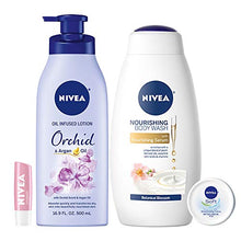 Load image into Gallery viewer, NIVEA In Bloom Variety Pack – 4 Piece with Body Lotion, Body Wash, Lip Balm, and Multipurpose Cream
