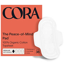 Load image into Gallery viewer, Cora Organic Pads | Ultra Thin Period Pads with Wings | Regular Absorbency | Ultra-Absorbent Sanitary Pads for Women | 100% Organic Cotton Topsheet (36 Count)
