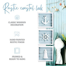 Load image into Gallery viewer, TideAndTales Nautical Wall Decor Set of 3 (7"x7") Rustic Beach Decor with 3D Anchor, Lighthouse and Ship Wheel | Wooden Beach Bathroom Decor | Ocean Coastal Theme Decorations for Home Nautical Gifts
