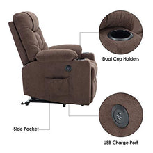 Load image into Gallery viewer, Mcombo Electric Power Lift Recliner Chair Sofa for Elderly, 3 Positions, 2 Side Pockets and Cup Holders, USB Ports, Fabric 7286 (Brown)
