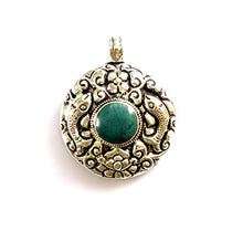 Load image into Gallery viewer, Handmade Tibetan Ethnic Tribal Gypsy Authentic Turquoise Gemstone Pendant for Woman &amp; Men 925 Oxidized Silver Plated Round Fashion Fish Engraving Boho Amulet Pendant Jewelry
