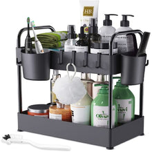 Load image into Gallery viewer, Under Sink Organizer, 2 Tier Under Sink Storage with Cleaning Brush 6 Hooks and 2 Hanging Cups, Waterproof Bathroom Organizer Under Sink for Kitchen,Bedroom,Cabinet,Cosmetics,Narrow Space
