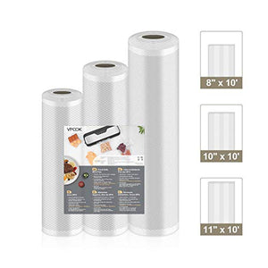 VPCOK Vacuum Sealer Bags 3 Rolls 8” x 10’, 10” x 10’, 11” x 10’ Vacuum Sealer Rolls 3 Pack BPA Free Fit VPCOK Vacuum Sealer Sous Vide Bags for Food Saver Food Storage Bag Roll Vac Storage Meal Prep