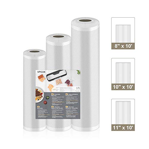 VPCOK Vacuum Sealer Bags 3 Rolls 8” x 10’, 10” x 10’, 11” x 10’ Vacuum Sealer Rolls 3 Pack BPA Free Fit VPCOK Vacuum Sealer Sous Vide Bags for Food Saver Food Storage Bag Roll Vac Storage Meal Prep