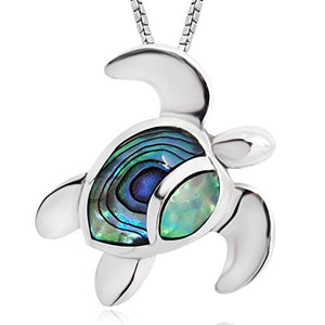 925 Sterling Silver Abalone Shell Sea Turtle Pendant Necklace for Women, 18"