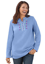 Load image into Gallery viewer, Woman Within Women's Plus Size Embroidered Thermal Waffle Henley Tee Long Underwear Top - 1X, French Blue Vine Embroidery
