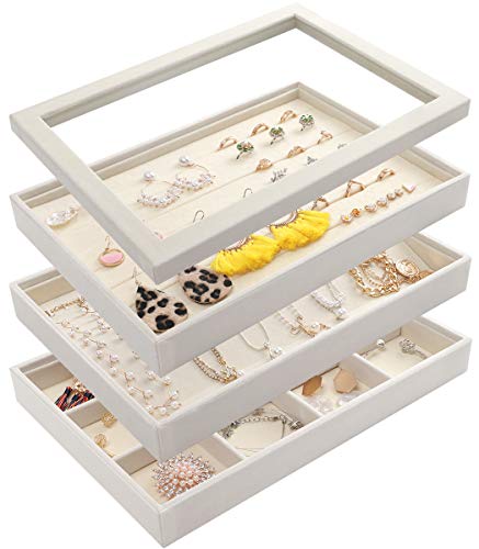 Mebbay Stackable White Jewelry Trays Organizer Set with Clear Lid Jewelry Storage Display Trays for Drawer, Earring Necklace Bracelet Ring Organizer, Set of 4