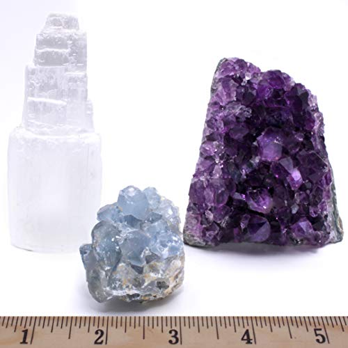 Dancing Bear Amethyst Cluster Cut Base (up to ½ lb), Celestite, Selenite Tower (3