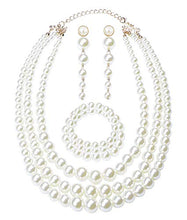 Load image into Gallery viewer, FINREZIO Women's Faux Three Multi-Strand Pearl Necklace Long Pearl Dangle Earrings and Bracelet Jewelry Set for Women
