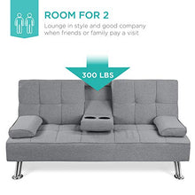 Load image into Gallery viewer, Best Choice Products Linen Upholstered Modern Convertible Folding Futon Sofa Bed for Compact Living Space, Apartment, Dorm, Bonus Room w/Removable Armrests, Metal Legs, 2 Cupholders - Gray
