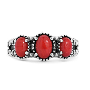 American West Sterling Silver Red Coral Gemstone 3-Stone Ring Size 9