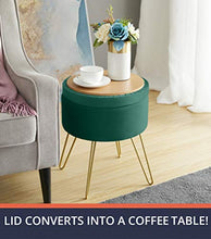 Load image into Gallery viewer, Ornavo Home Modern Round Velvet Storage Ottoman Foot Rest Stool/Seat with Gold Metal Legs &amp; Tray Top Coffee Table - Emerald Green
